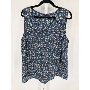 Poema Womens Sz 2X Sleeveless Blouse Dark Blue Floral Print Ruffled Neck